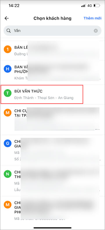 Chọn khách hàng trên danh mục