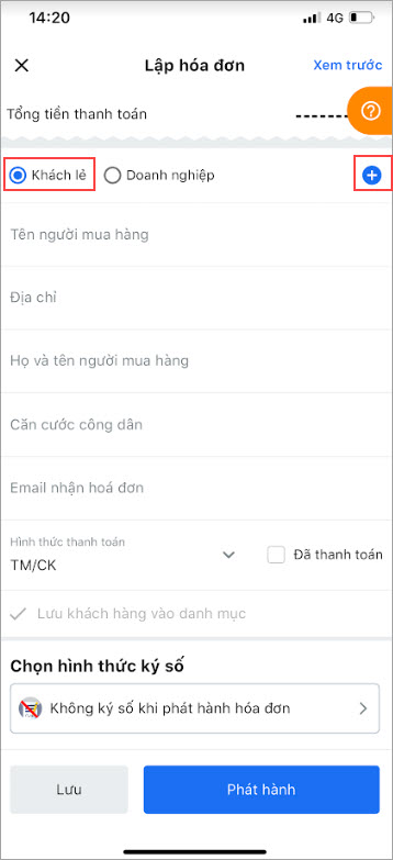 Chọn biểu tượng dấu + trường hợp chọn khách hàng là khách lẻ