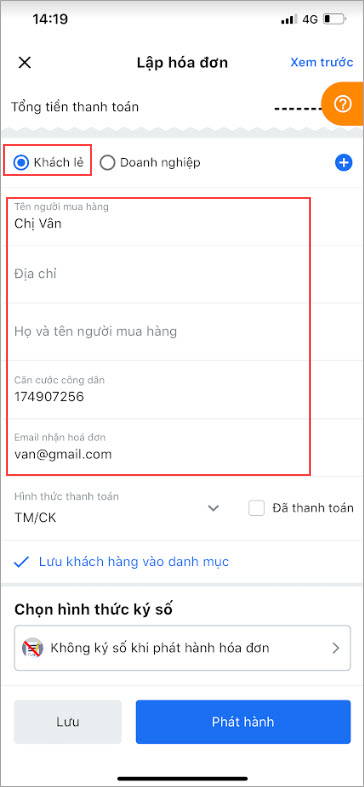Khai báo thông tin khách hàng mua xăng dầu là khách cá nhân