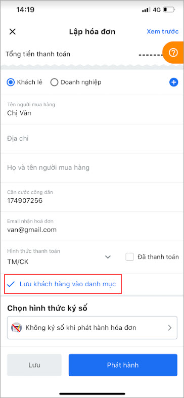 Lưu thông tin khách hàng
