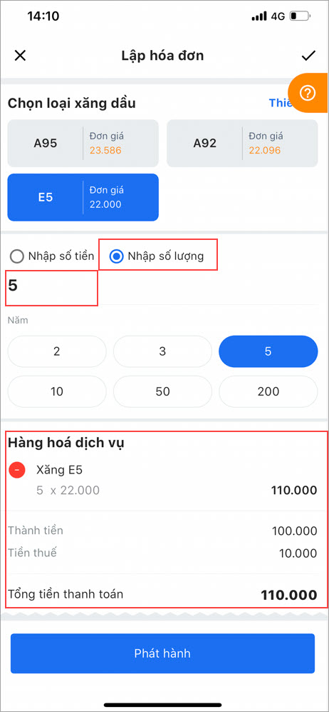 nhập số lượng xăng