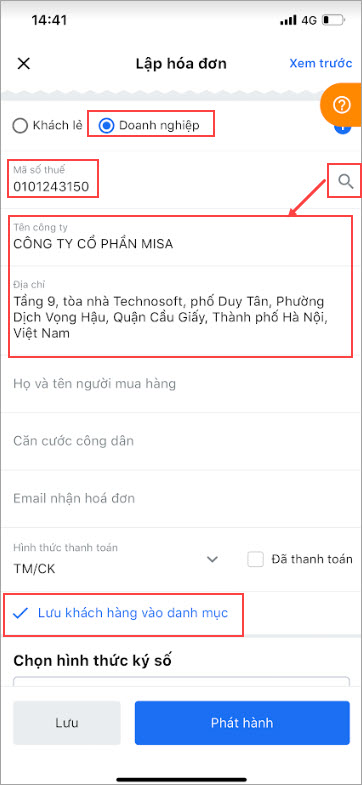 Nhập tay thông tin khách hàng là doanh nghiệp