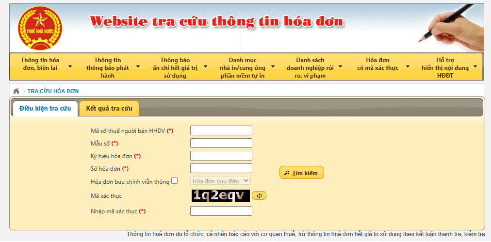 nhập các thông tin hóa đơn cần tra cứu lên website tổng cục thuế