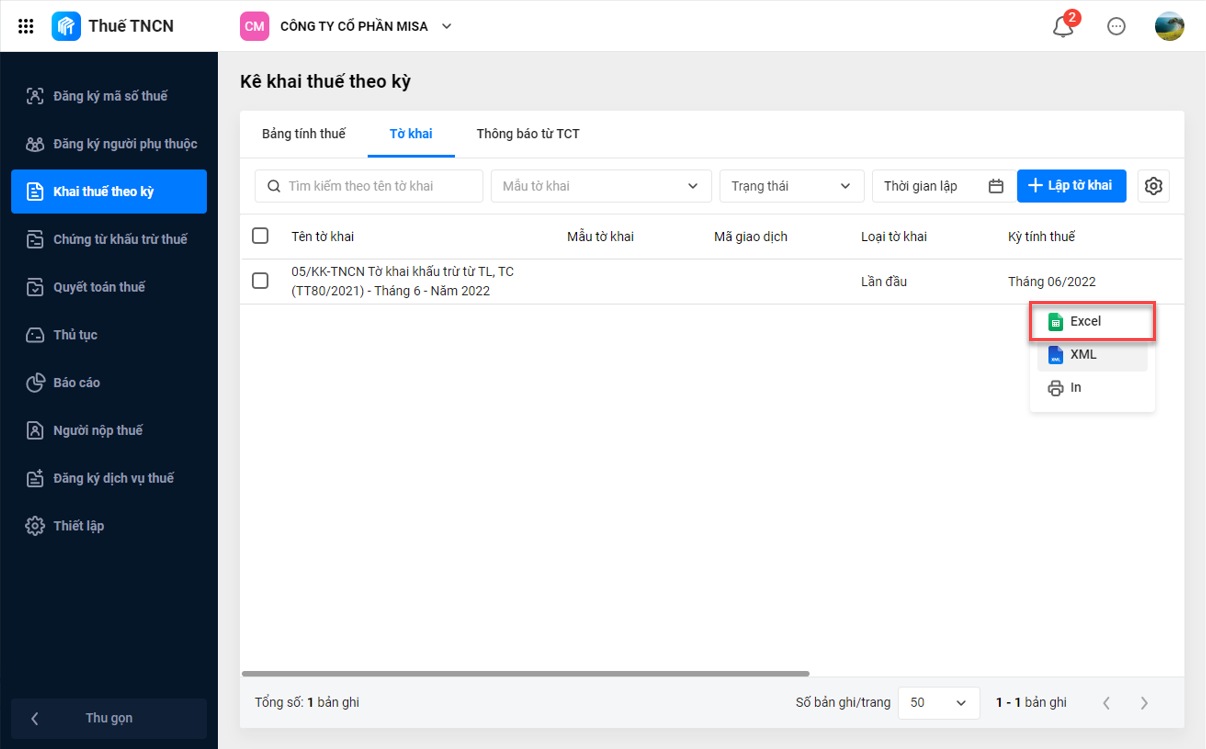 xuất khẩu tờ khai ra excel