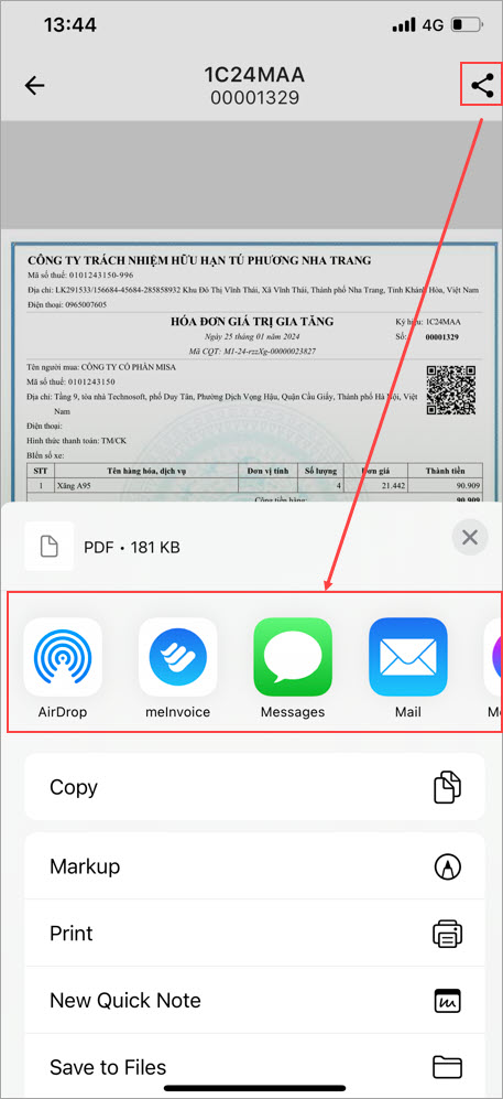 Chia sẻ hóa đơn cho khách hàng qua emai, zalo, face book