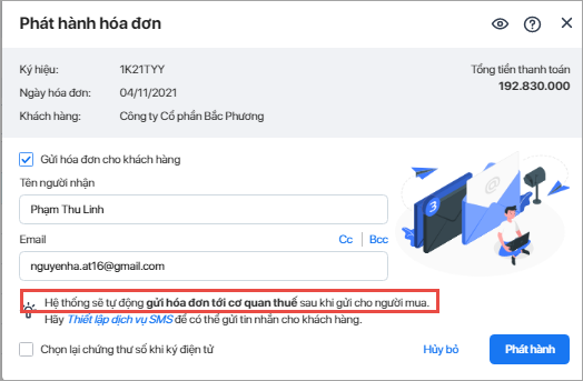chọn gửi hóa đơn cho khách hàng