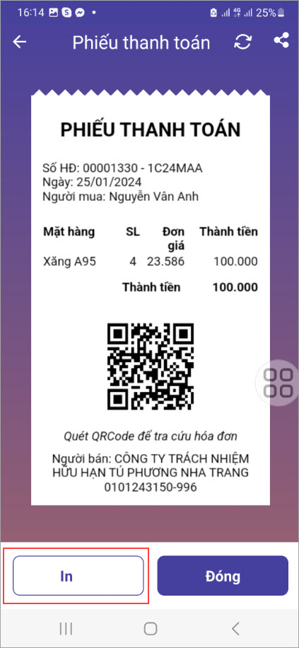 chọn in phiếu thanh toán