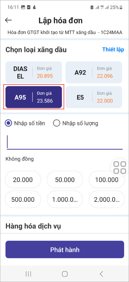 chọn loại xăng xuất hóa đơn