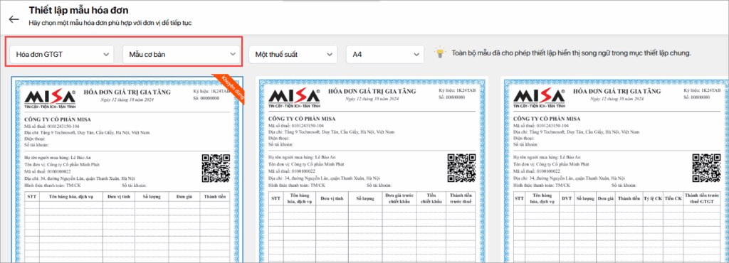 Chọn mẫu hóa đơn giá trị gia tăng