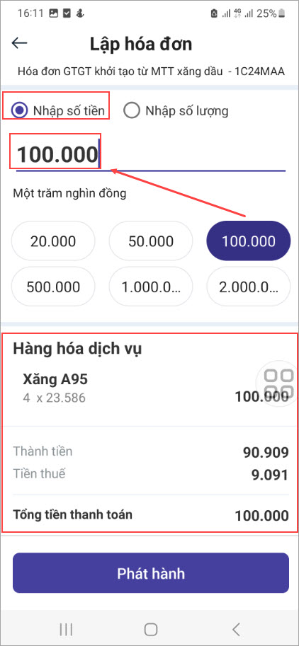 chọn nhập số tiền