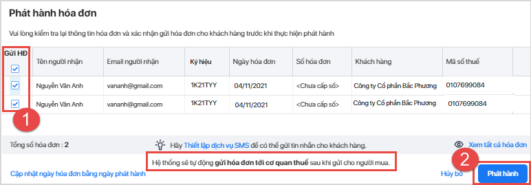 chọn phát hành hóa đơn
