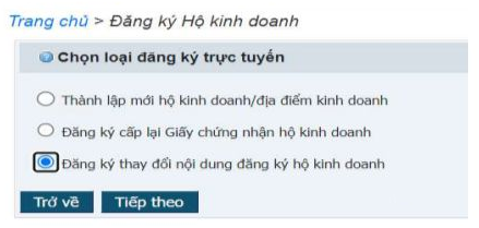 Chọn đăng ký thay đổi nội dung đăng ký hộ kinh doanh