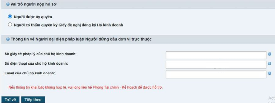 Điền thông tin người đại diện pháp luật