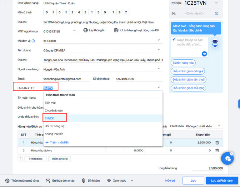hóa đơn có hình thức thanh toán