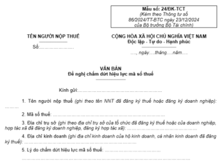 Mẫu số 24/ĐK-TCT: Văn bản đề nghị chấm dứt hiệu lực mã số thuế mẫu số 24/ĐK-TCT