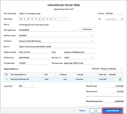 phát hành hóa đơn điện tử sau khi lập