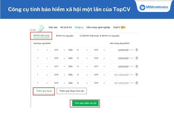 Công cụ tính bảo hiểm xã hội một lần của TopCV