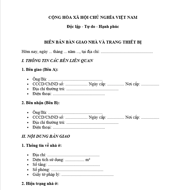 biên bản bàn giao nhà