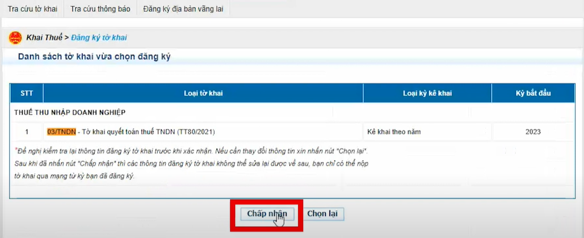 chọn chấp nhận tại danh sách tờ khai vừa đăng ký
