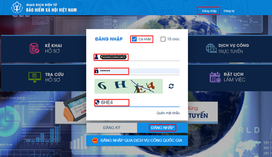 Đăng nhập tài khoản bảo hiểm xã hội