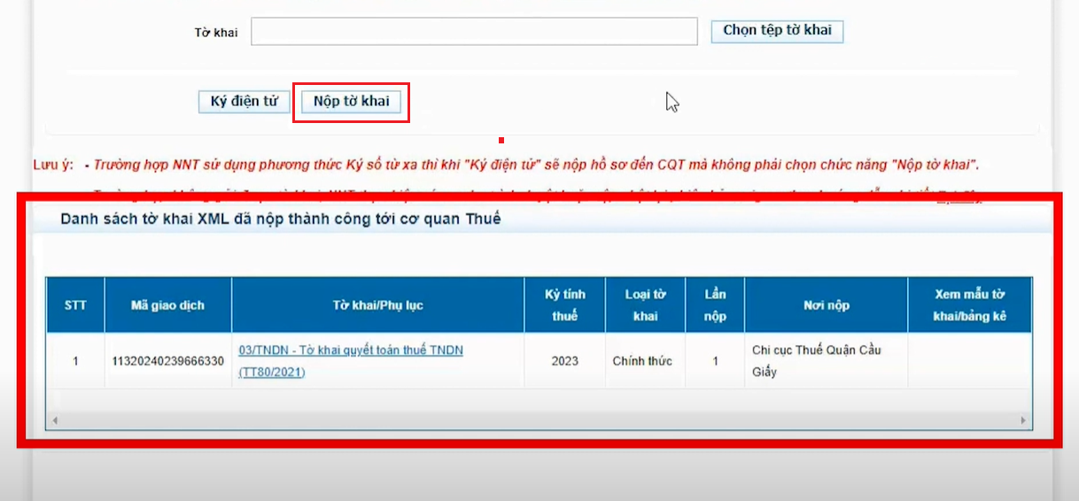 Danh sách tờ khai quyết toán thuế nộp thành công