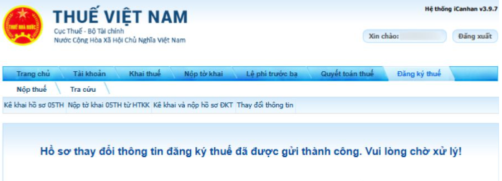 gửi thành công hồ sơ đăng ký thuế