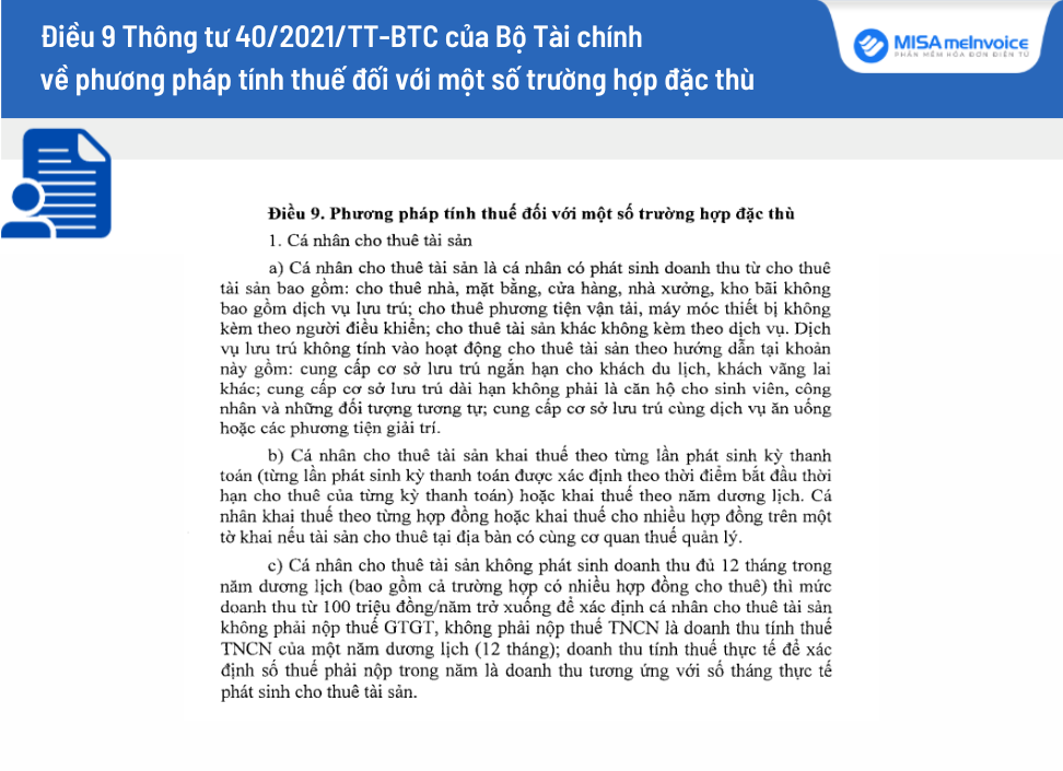 Điều 9 Thông tư 40/2021/TT-BTC do Bộ Tài chính ban hành về phương pháp tính thuế đối với một số trường hợp đặc thù