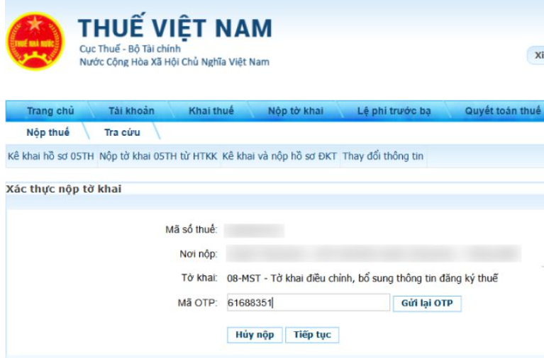 xác thực nộp tờ khai