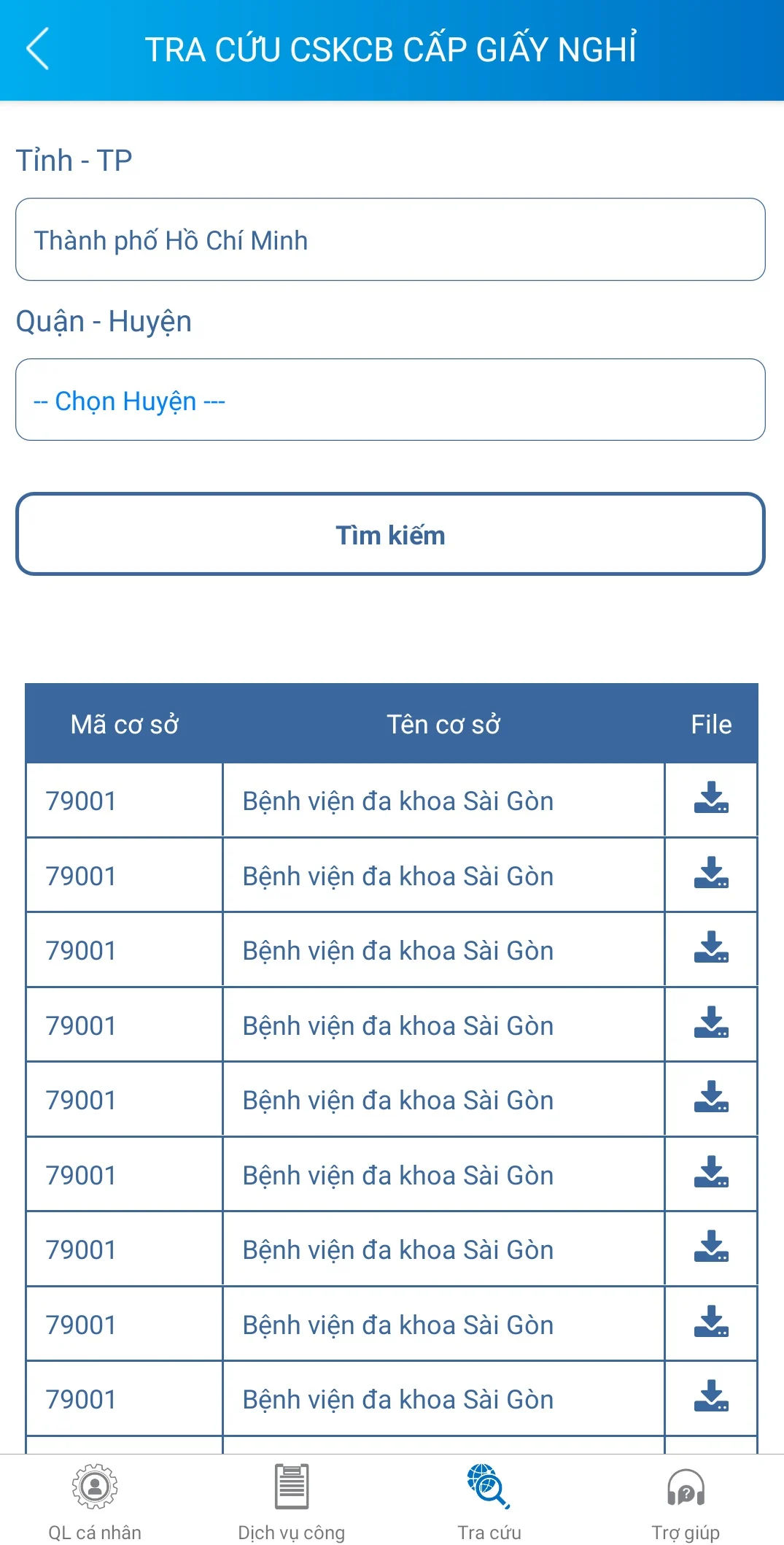 Tra cứu CSKCB cấp giấy nghỉ việc hưởng BHXH