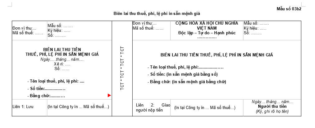 Biên lai thu thuế, phí, lệ phí in sẵn mệnh giá;