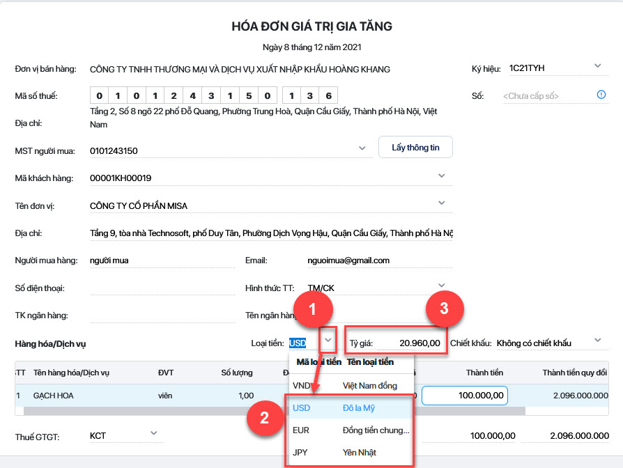 Lập hóa đơn/phiếu xuất kho ngoại tệ