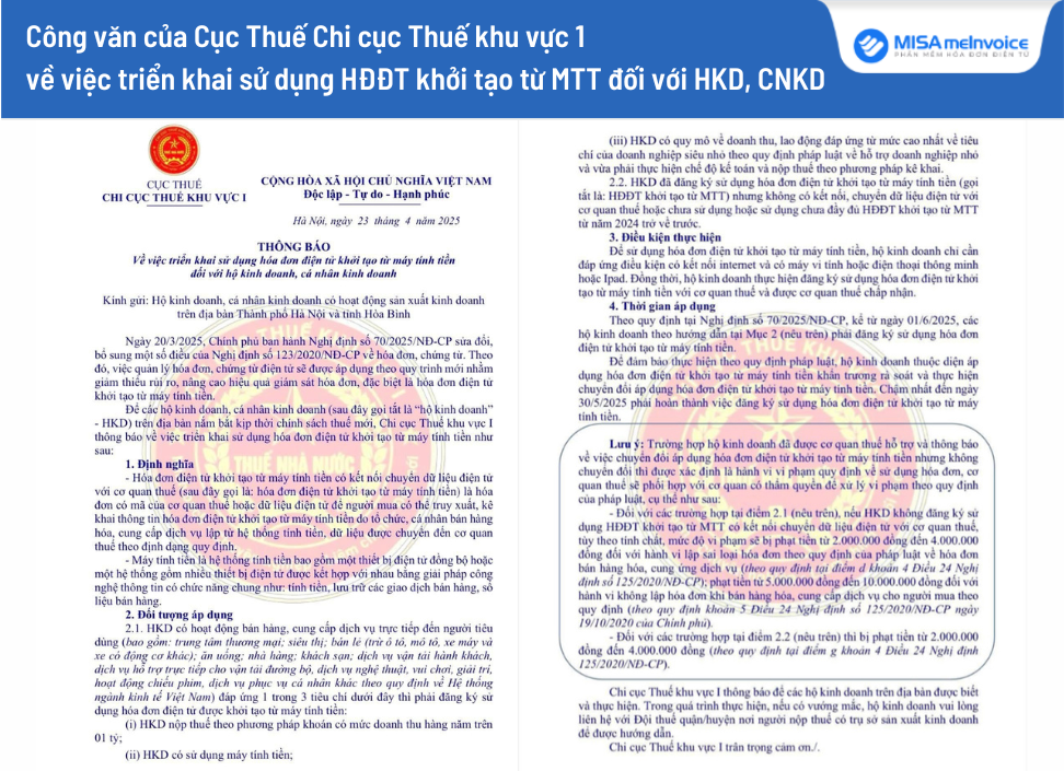 Chi cục Thuế khu vực 1 đã ban hành công văn thông báo về việc triển khai hóa đơn điện tử khởi tạo từ máy tính tiền tới các hộ, cá nhân kinh doanh
