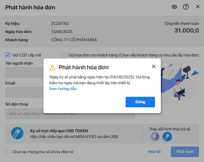 Cảnh báo phát hành hóa đơn khác ngày hiện tại