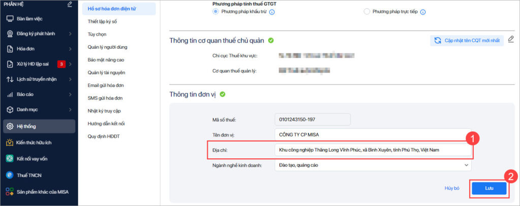 Cập nhật địa chỉ hóa đơn