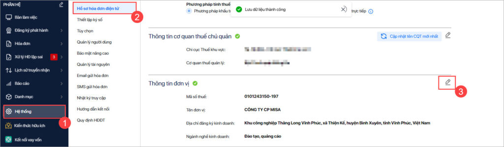Cập nhật hồ sơ hóa đơn điện tử