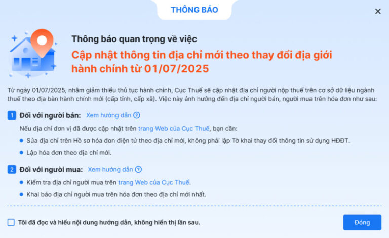 cảnh báo cập nhật địa chỉ trên MISA meInvoice