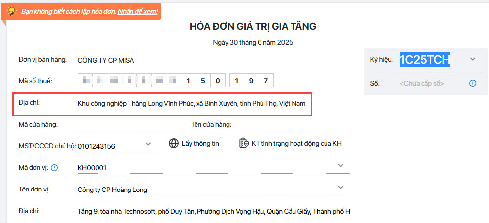 kiểm tra lại địa chỉ hóa đơn