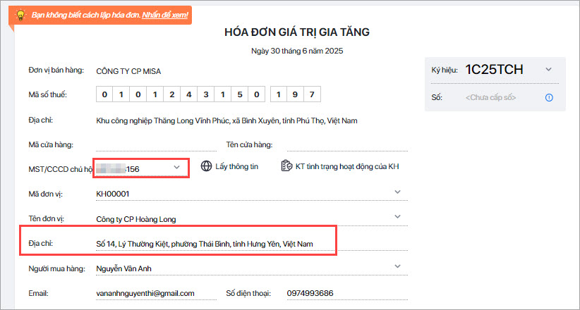 kiểm tra lại địa chỉ hóa đơn