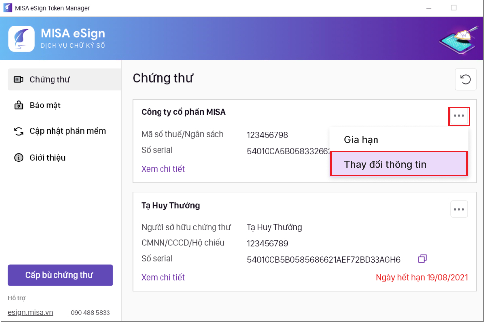 Thay đổi thông tin chứng thư số