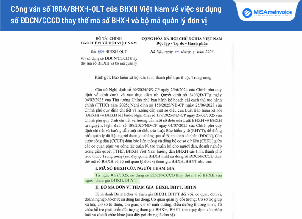 Công văn số 1804/BHXH-QLT Bảo hiểm xã hội Việt Nam về việc sử dụng số định danh cá nhân/ số căn cước công dân (ĐDCN/CCCD) thay thế mã số Bảo hiểm xã hội (BHXH) và bộ mã quản lý đơn vị