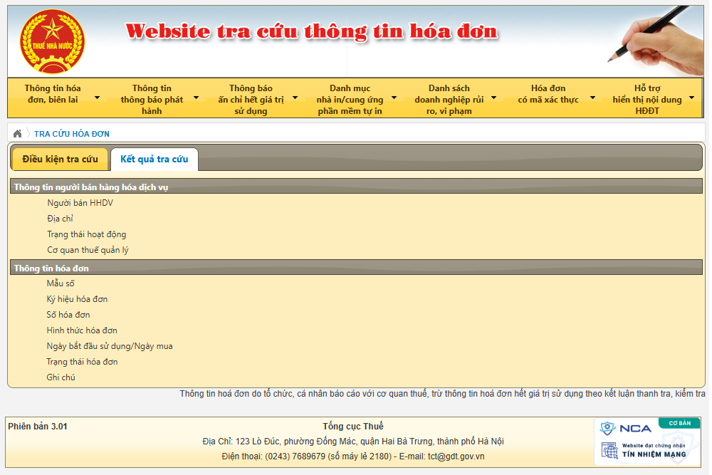 Kết quả tra cứu hóa đơn không hợp lệ