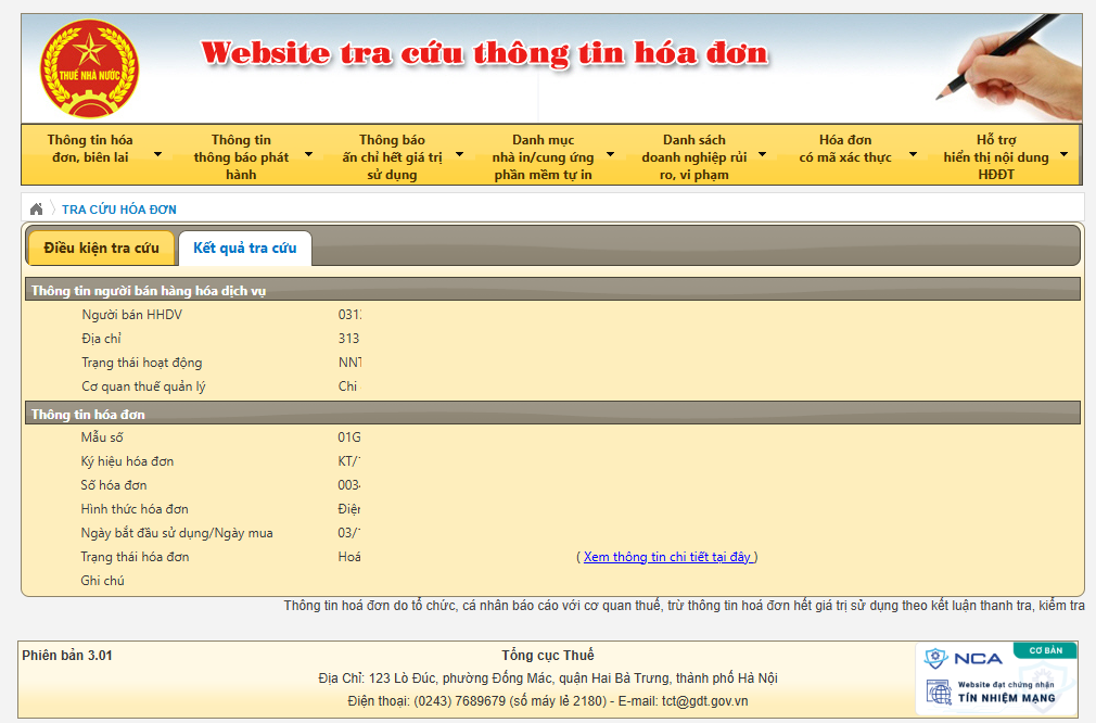 Kết quả tra cứu hóa đơn điện tử hợp lệ