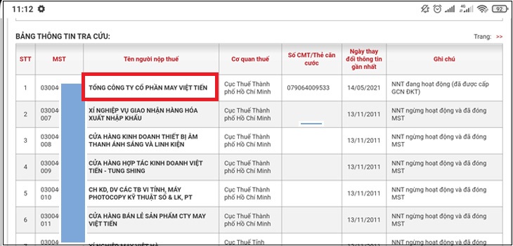 kiểm tra tình trạng hoạt động của doanh nghiệp qua ghi chú