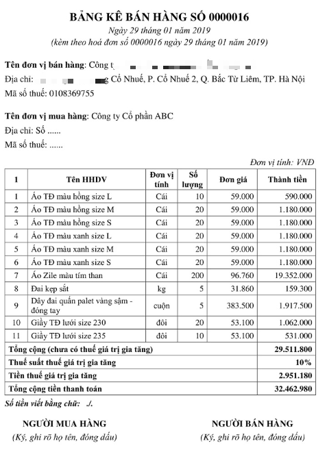 bảng kê hóa đơn