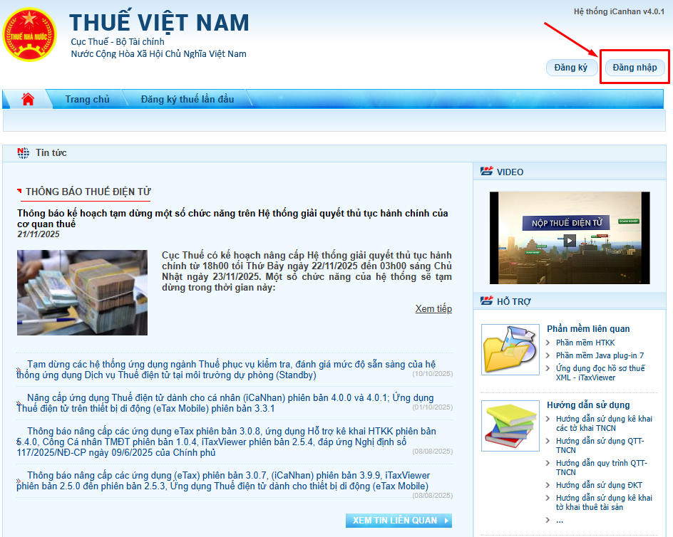 Chọn đăng nhập