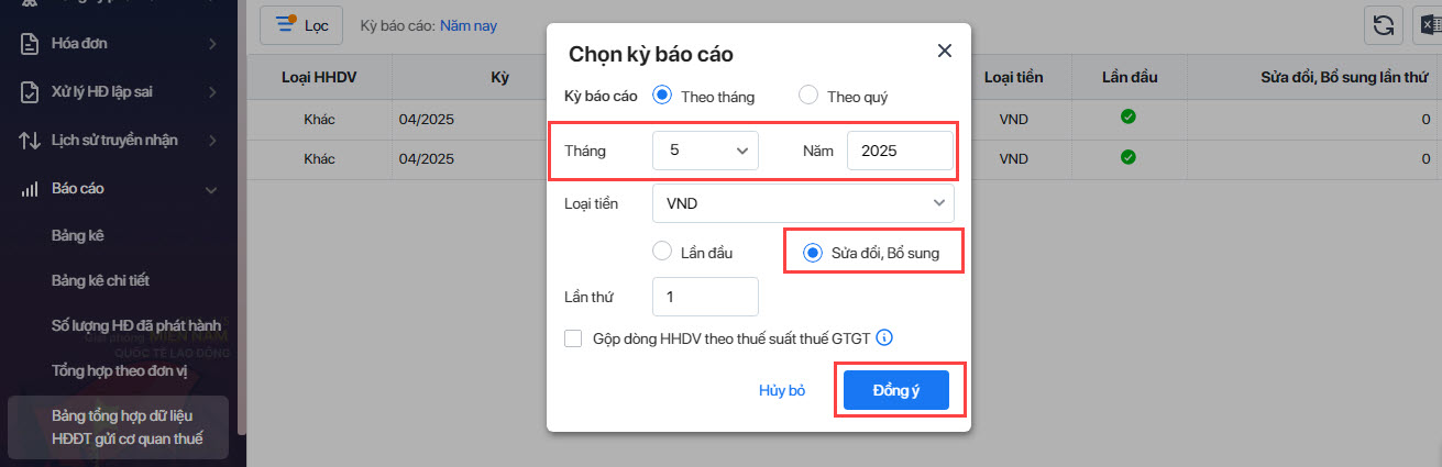 chọn kỳ báo cáo