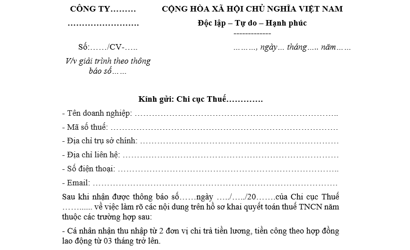 công văn giải trình thuế tncn