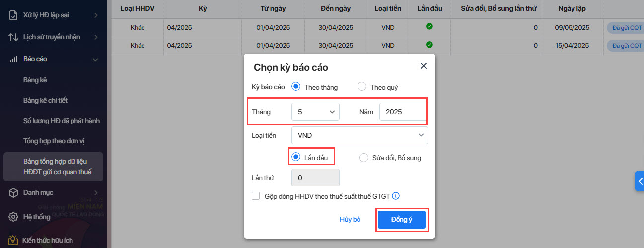 thiết lập kỳ báo cáo