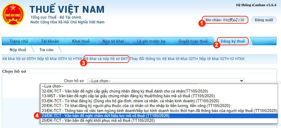 Chọn mẫu tờ khai “Đề nghị chấm dứt hiệu lực mã số thuế“.