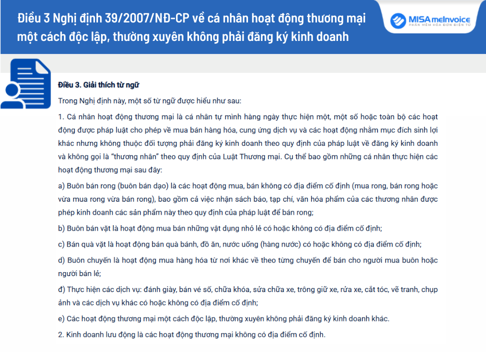 Điều 3 Nghị định 39/2007/NĐ-CP - Bán hàng online có cần đăng ký kinh doanh hay không?